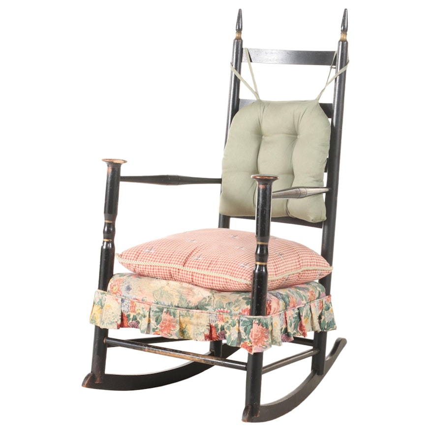 Shaker Style Ebonized and Parcel-Gilt Ladderback Rocker, 20th Century