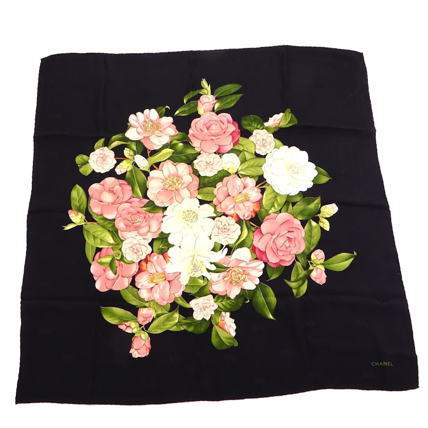 Chanel Jacquard Bow and Camellia Print Silk Scarf