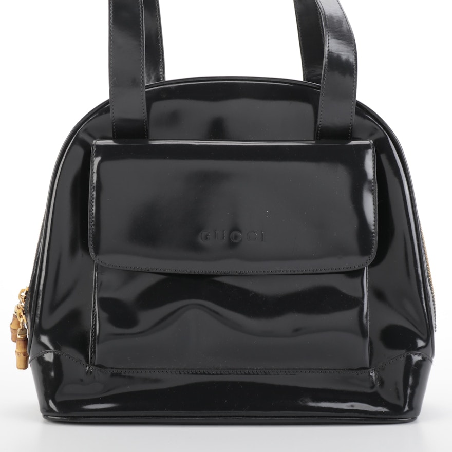 Gucci Zip-Around Shoulder Bag in Dark Grey Patent Leather with Bamboo Zip Pulls