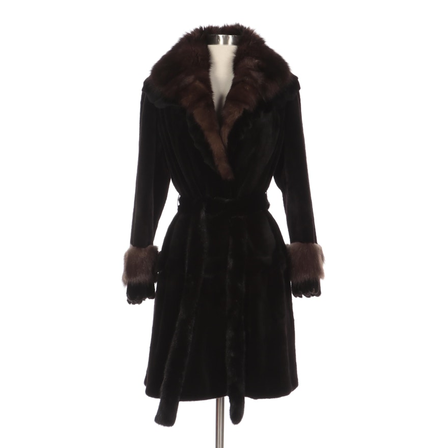 Sheared Mink Fur Coat with Sable Fur and Scalloped Trim, and Mink Fur Belt