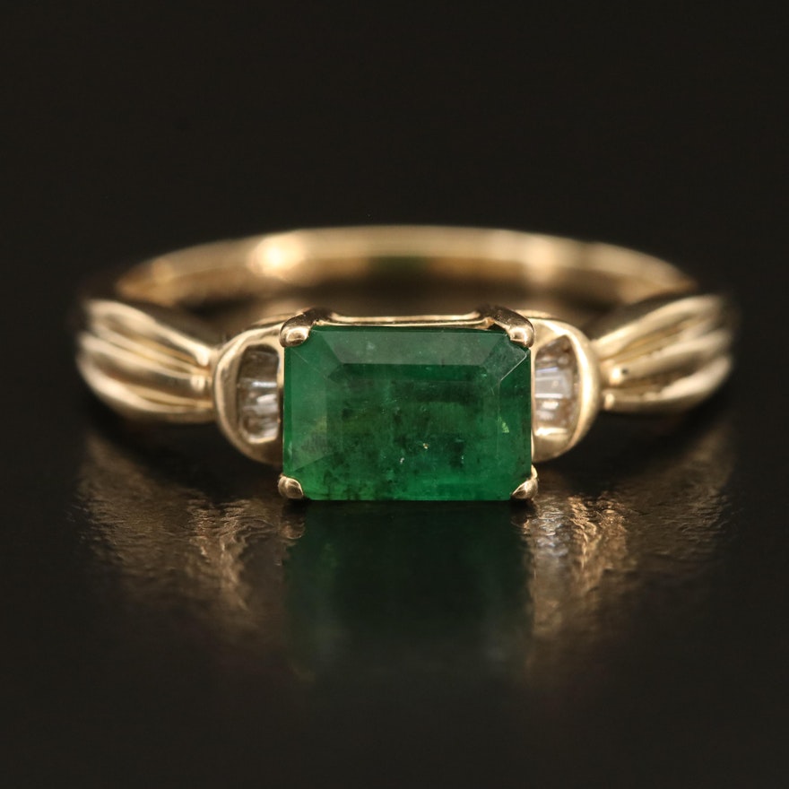 14K Emerald and Diamond Ring with Fluted Shoulders