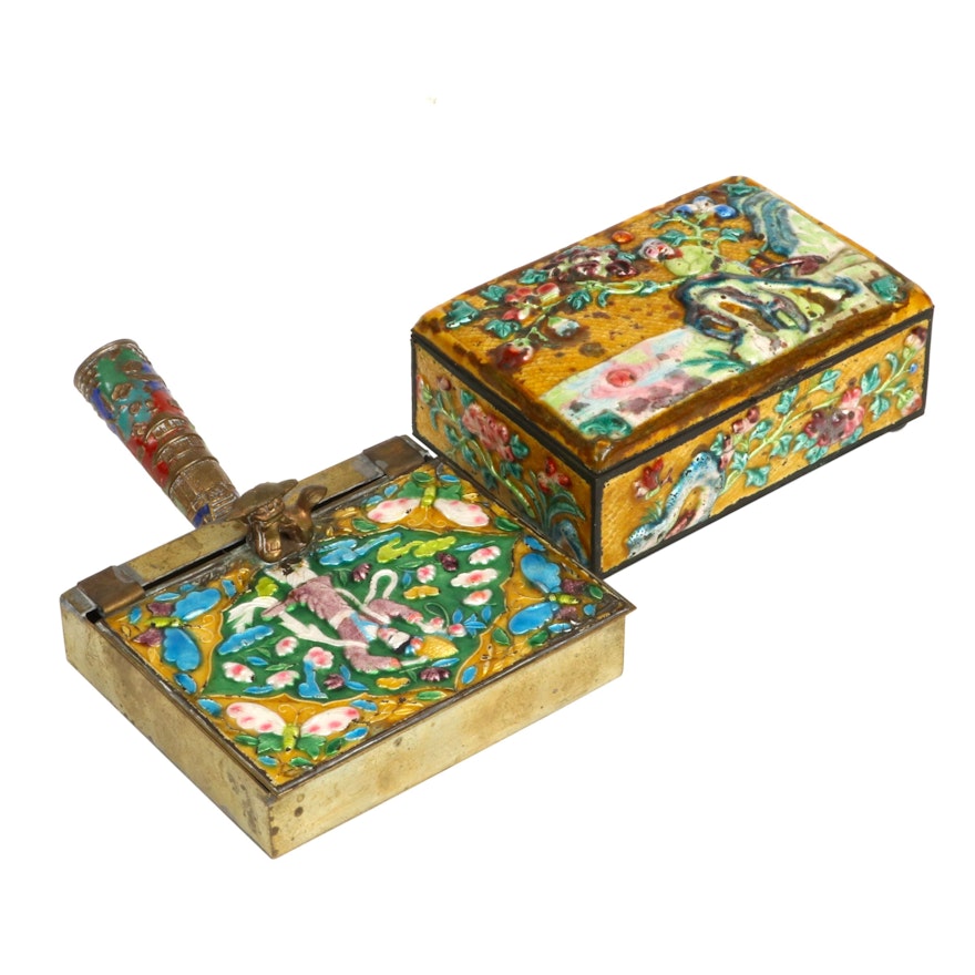 Chinese Canton Enamel Silent Butler and Cigarette Box, Early to Mid 20th Century