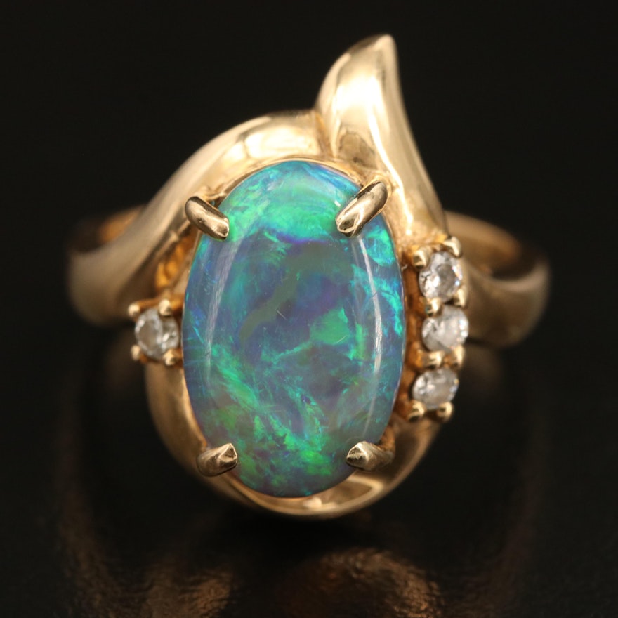 18K Oval Opal Cabochon Ring with Diamond Accents