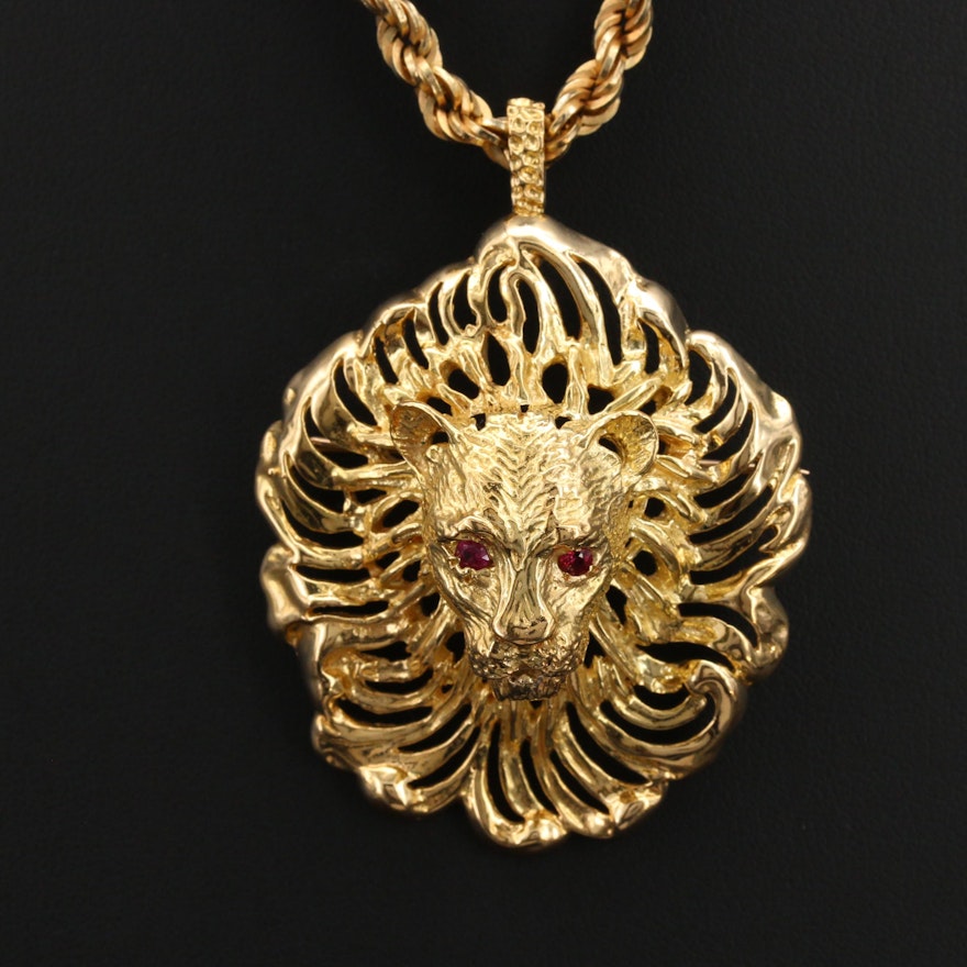 18K Lion Converter Brooch with Ruby Eyes on 14K Rope Chain Necklace