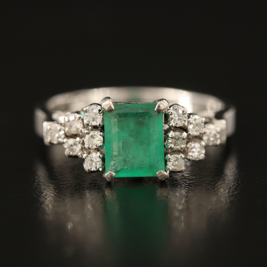 14K Emerald and Diamond Step Ring with Openwork Gallery