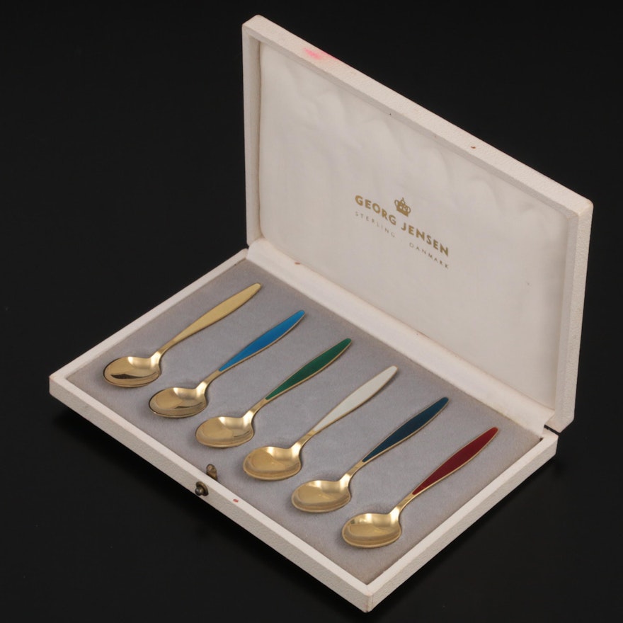 Georg Jensen Gold-Wash Sterling Silver and Enamel Demitasse Spoons, Mid-20th C.