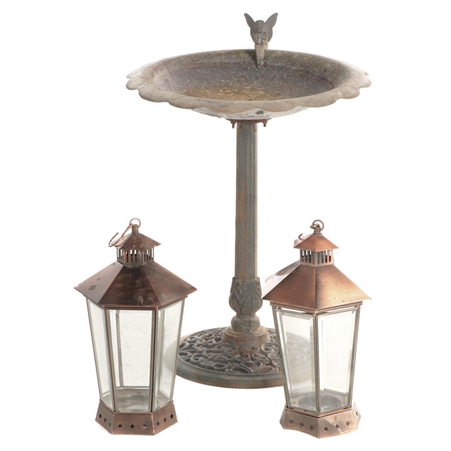 Cast Metal Bird Bath with Metal and Beveled Glass Hanging Candle Lanterns