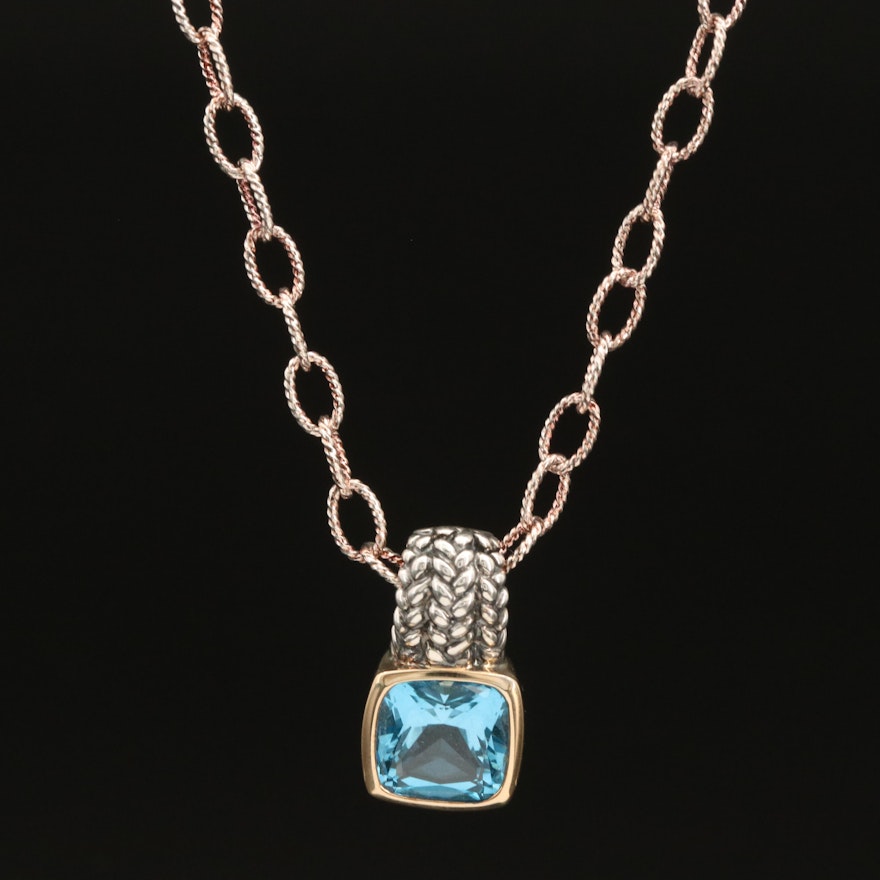 Lorenzo Sterling Swiss Blue Topaz Pendant with 18K Accent on Sterling Chain