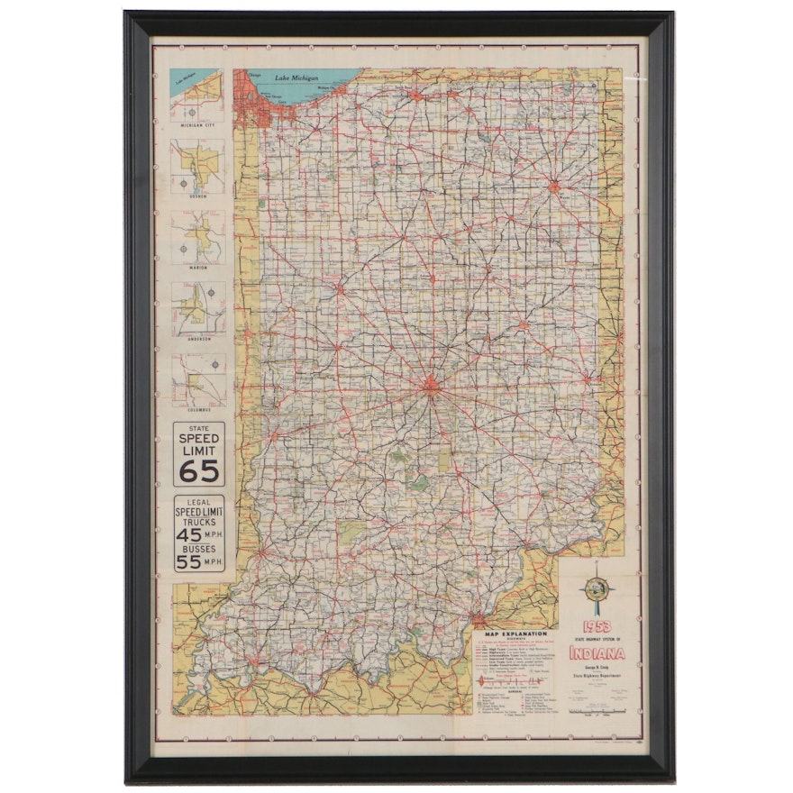 Oval & Koster Photomechanical Print Map "1953 State Highway System of Indiana"