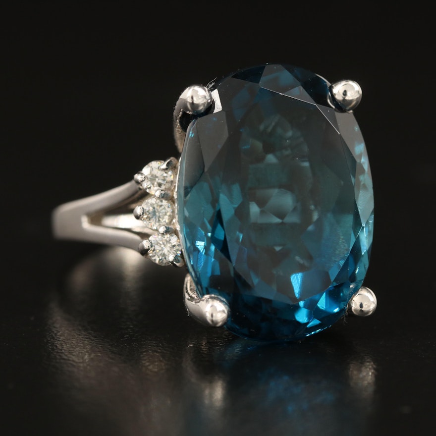 14K 24.65 CT London Blue Topaz and Diamond Statement Ring