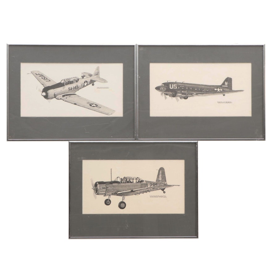 Joe Milch Lithographs of Aircraft Illustrations, Late 20th Century