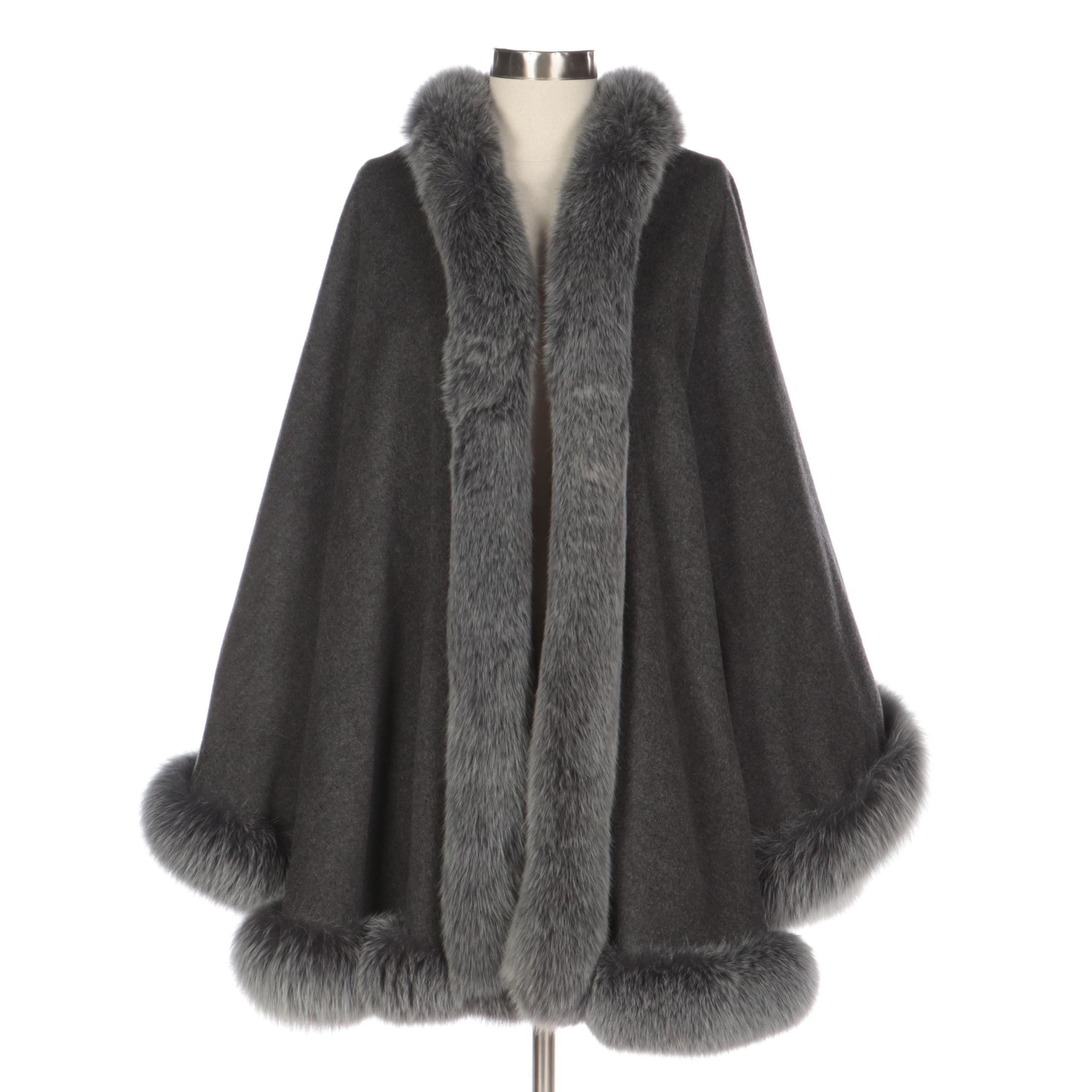 Création Sprung Frères Paris Angora and Wool Blend Cape Trimmed in Fox Fur