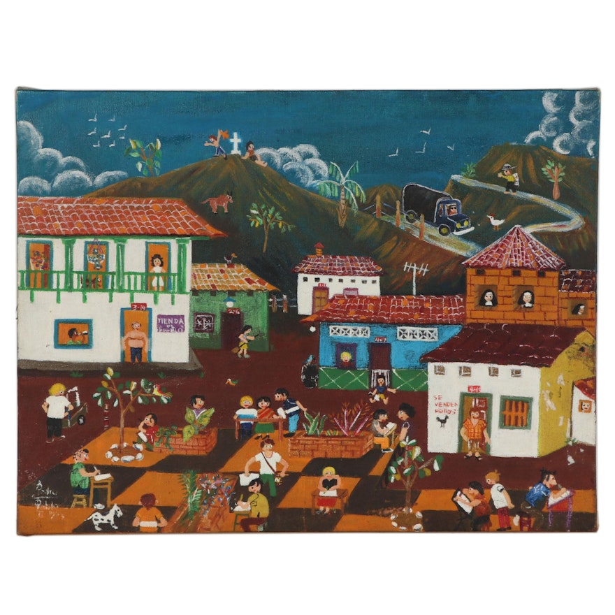 Latin American Folk Art Oil Painting of City Square