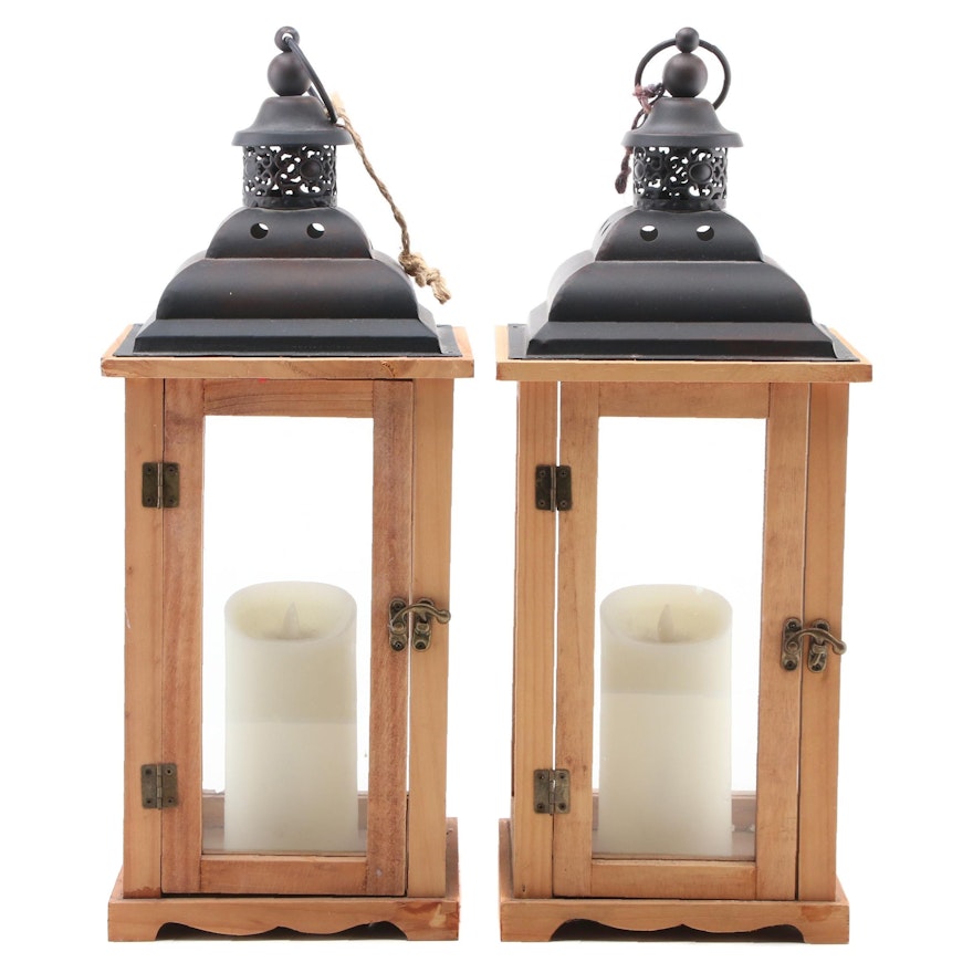 Battery Operated Wood and Glass LED Candle Lanterns