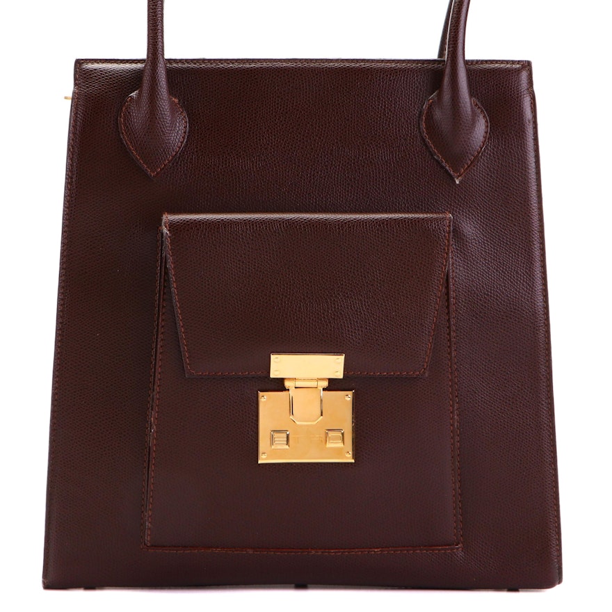 ETRO Front Pocket Shoulder Bag in Mahogany Brown Cross Grain Textured Leather