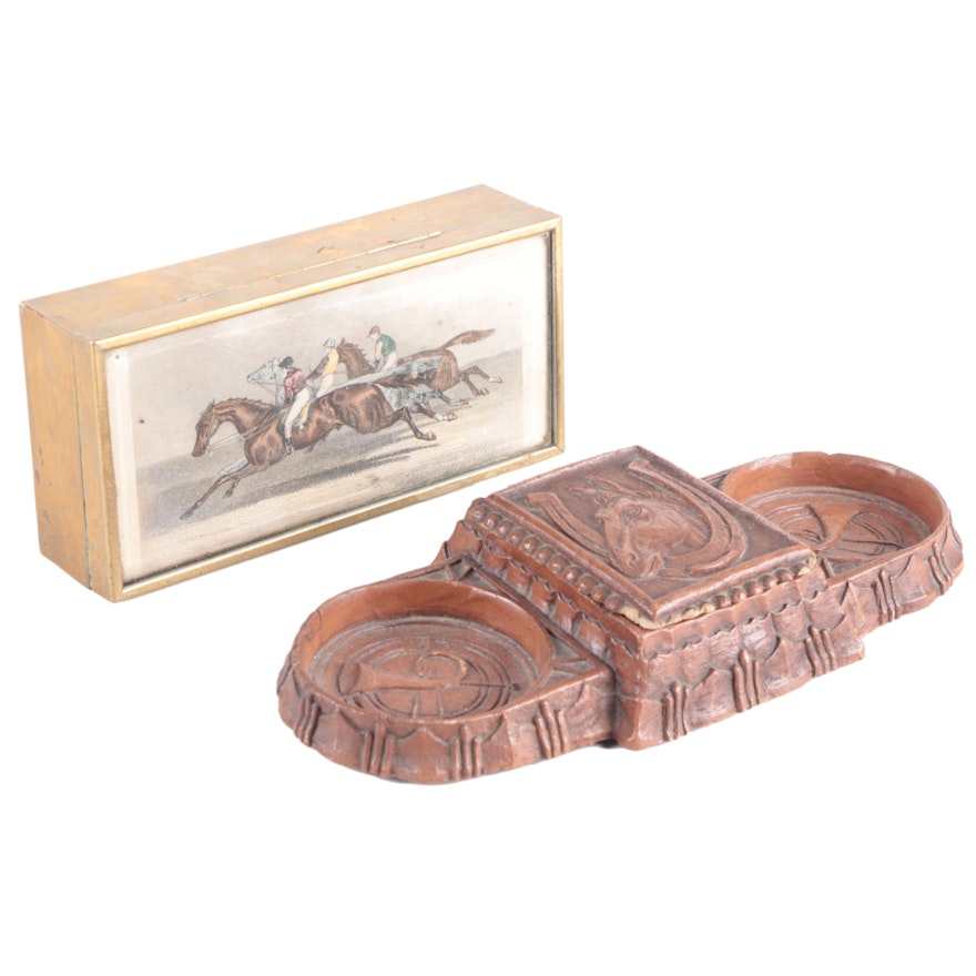 English Brass Trinket Box with Horse Racing Etching and Fox Hunt Desk Caddy