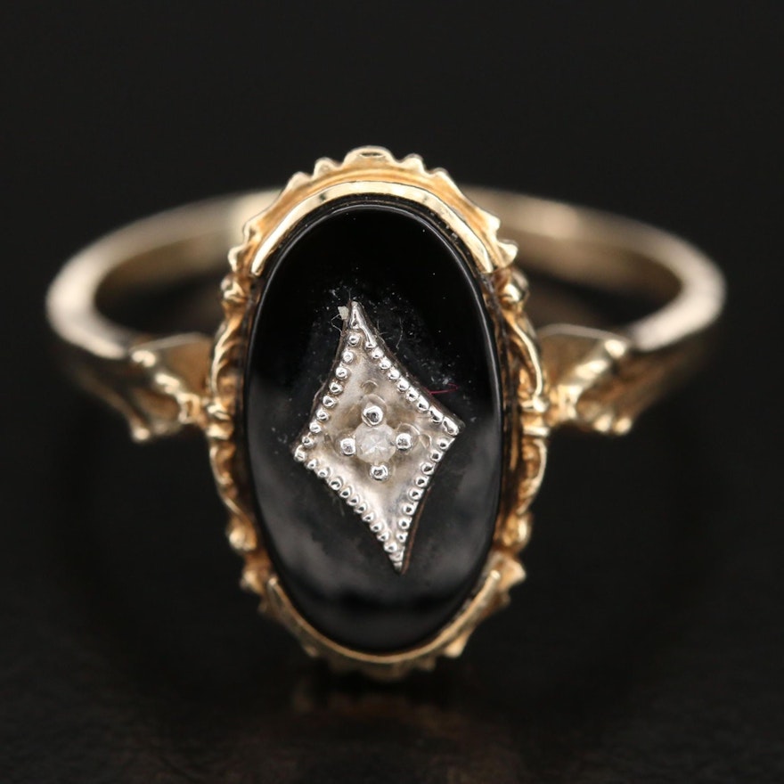 1940s Victorian Revival 10K Black Onyx and Diamond Oval Ring