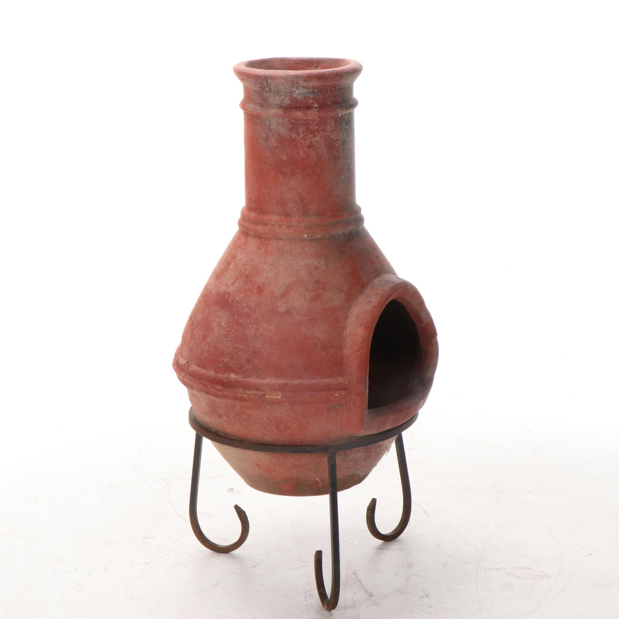 Terracotta Chiminea on Wrought Iron Stand