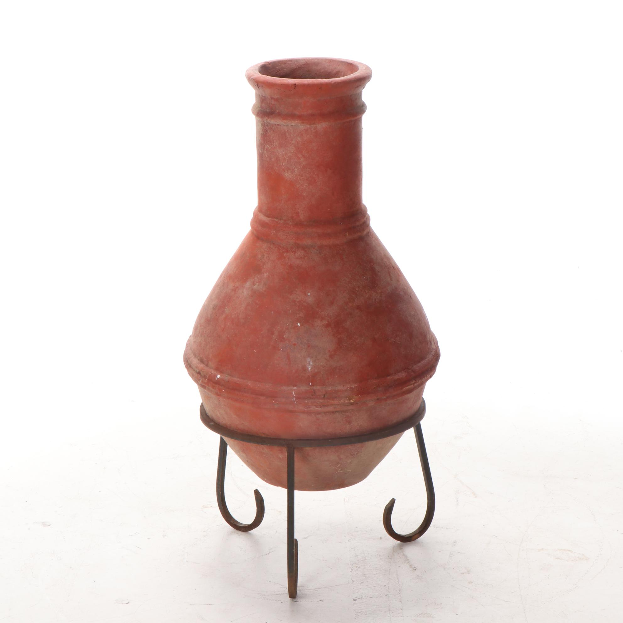 Terracotta Chiminea on Wrought Iron Stand