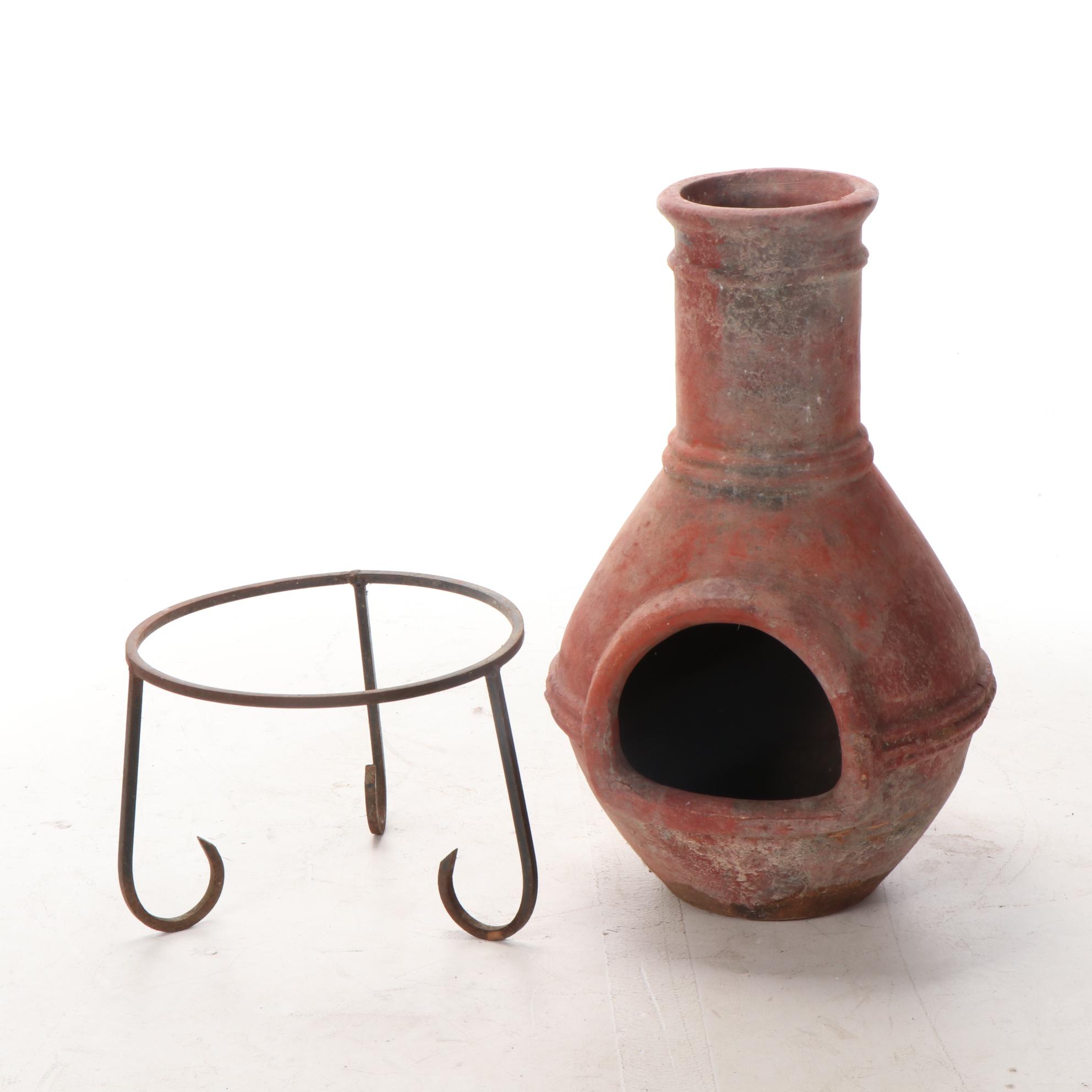 Terracotta Chiminea on Wrought Iron Stand