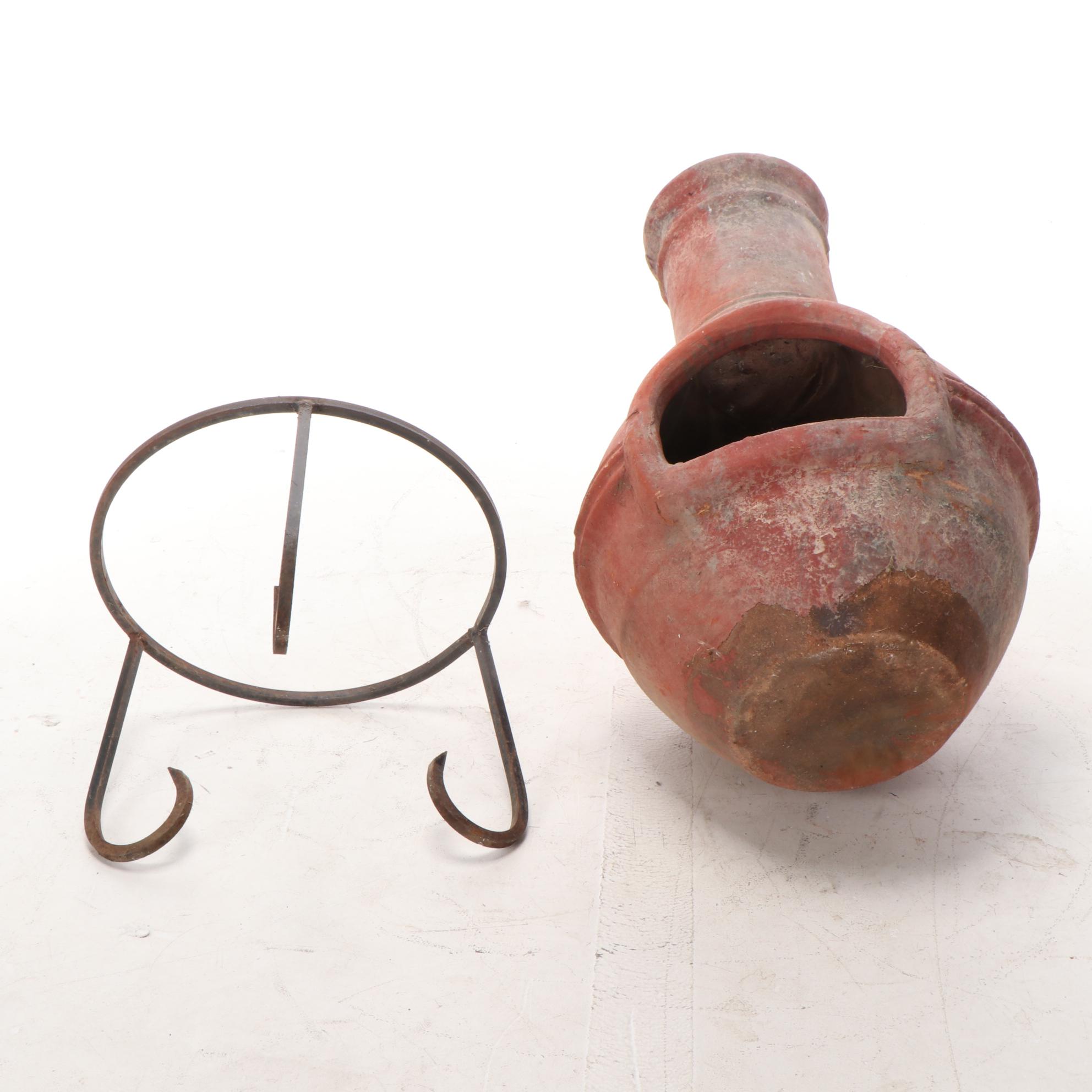 Terracotta Chiminea on Wrought Iron Stand