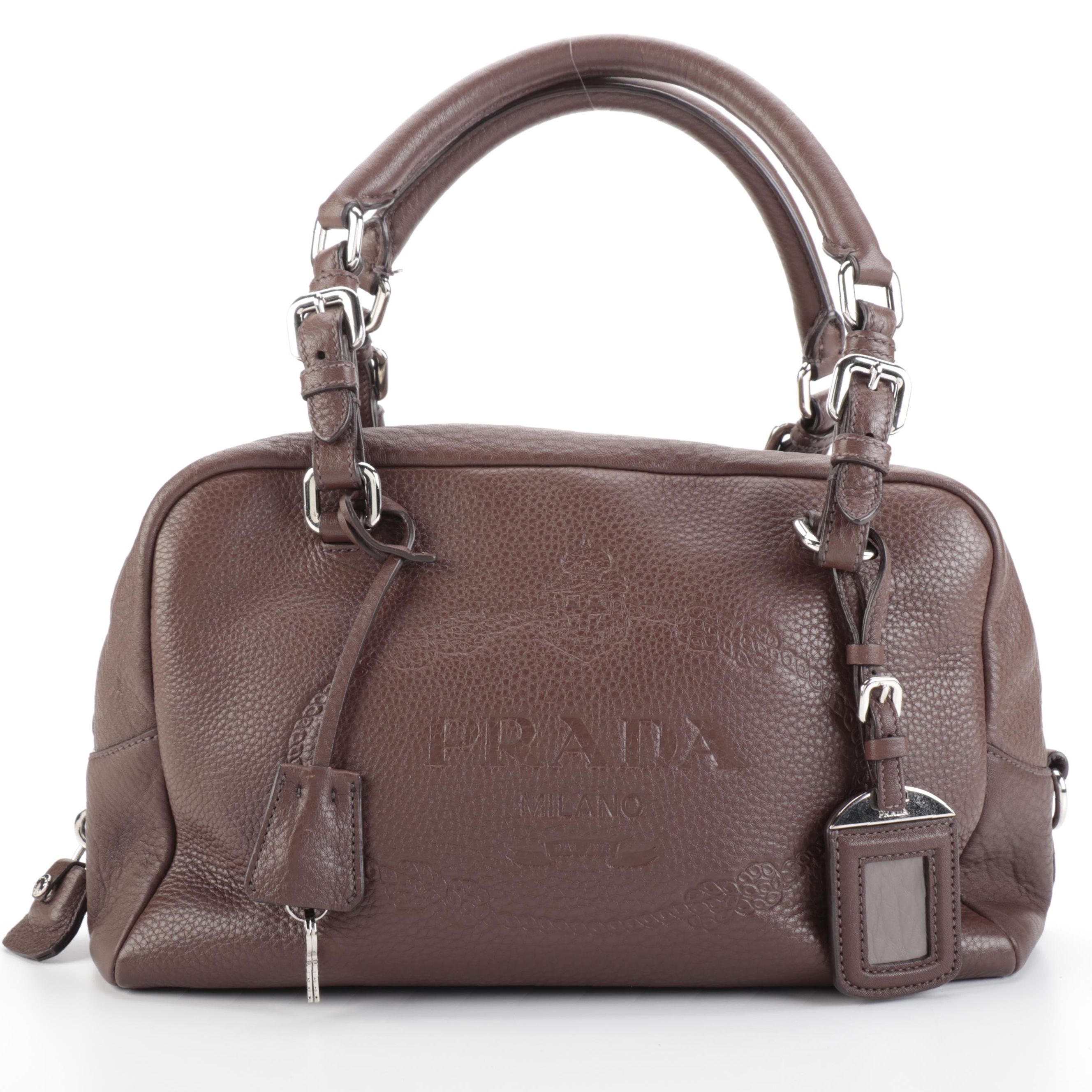 Prada Brown Vitello Daino Leather Bauletto Bag