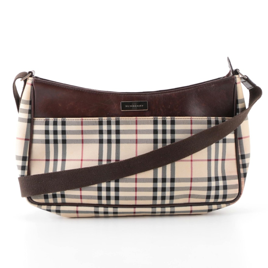 Burberry Shoulder Bag in "Nova Check" Nylon Twill and Dark Brown Leather