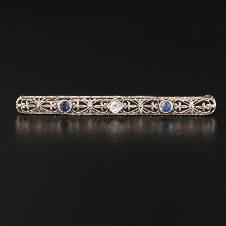 Edwardian 14K Diamond and Sapphire Openwork Bar Brooch with Platinum Top