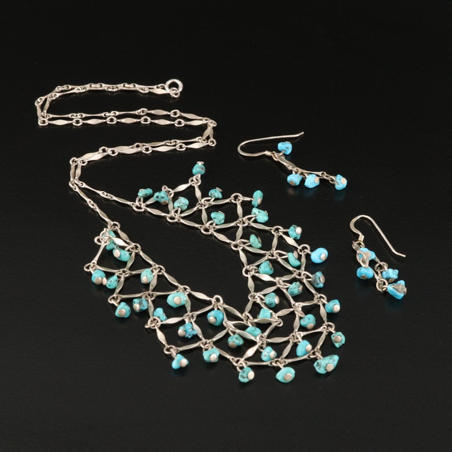 Sterling Silver and Turquoise Bib Necklace with Matching Drop Earrings