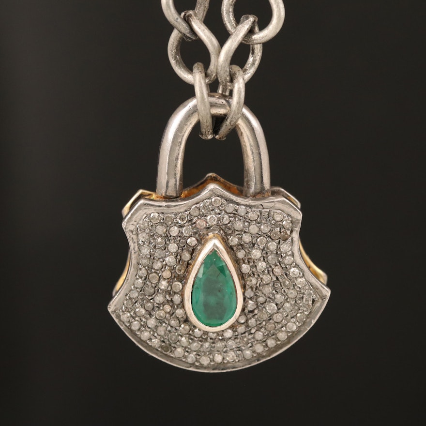 800 Silver Emerald and Diamond Lock Pendant Necklace