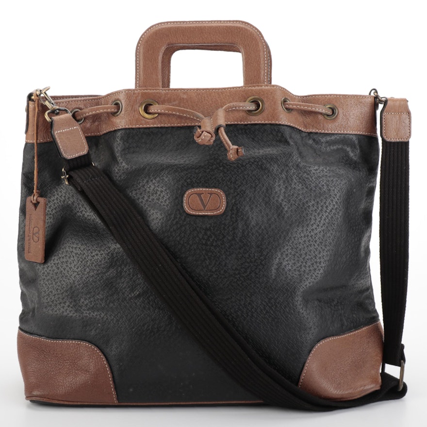 Valentino Hard Handle Two-Way Tote in Black with Brown Leather Trim