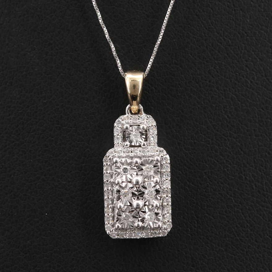 Sterling Diamond Square Pendant on 14K Box Chain Necklace with 14K Accent