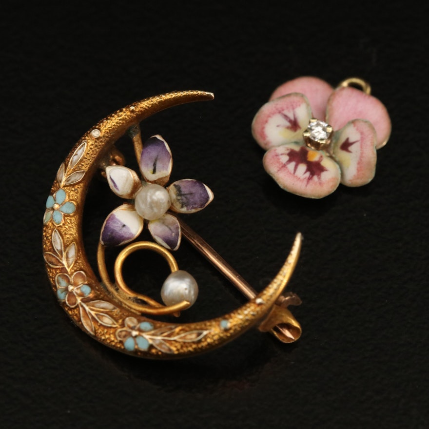 Early Victorian 10K Crescent Moon with Flower Brooch and 14K Pansy Pendant