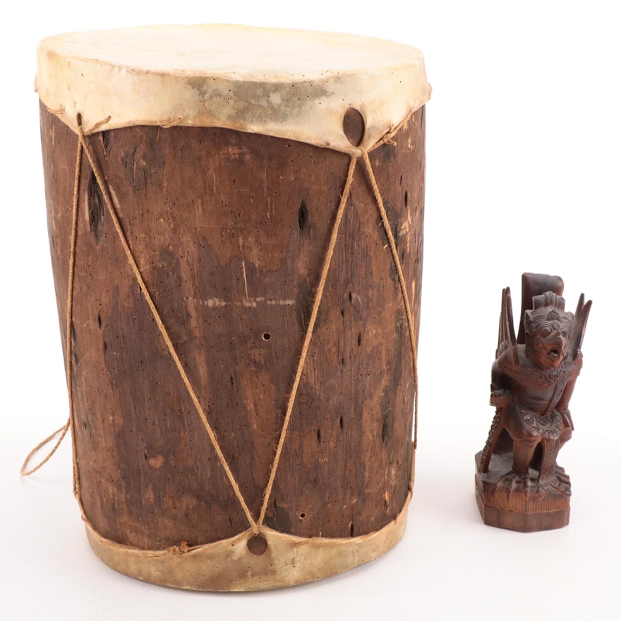 Stretched Hide Drum with Southeast Asian Hand-Carved Garuda Figurine