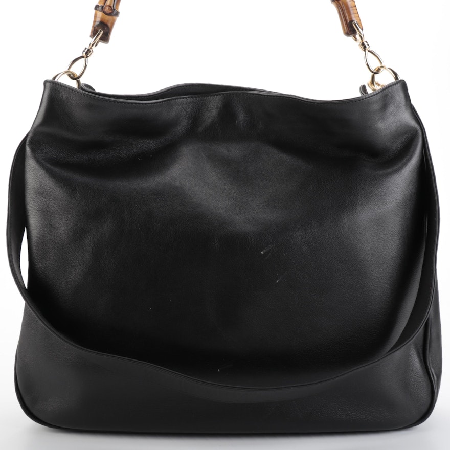 Gucci Two-Way Shoulder Bag in Black Leather with Bamboo Handle