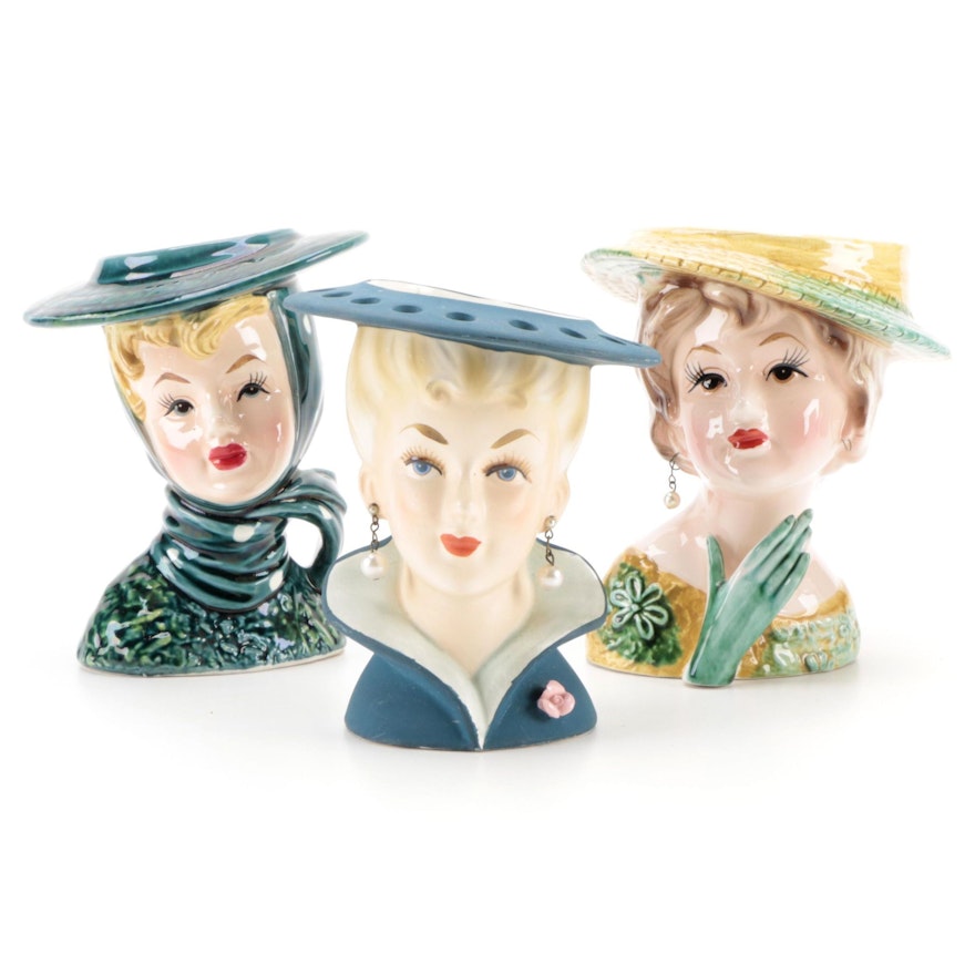 Lefton and Relpo Ceramic Lady Head Vases, Mid-20th Century