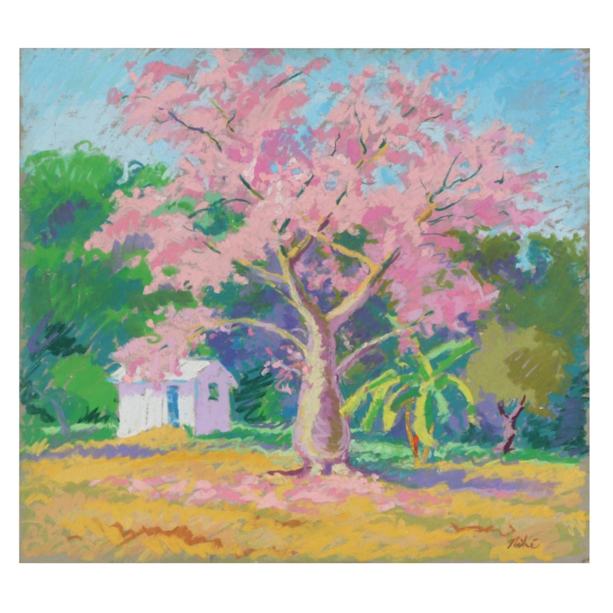 Landscape Pastel Drawing of a Blooming Tree, Late 20th Century