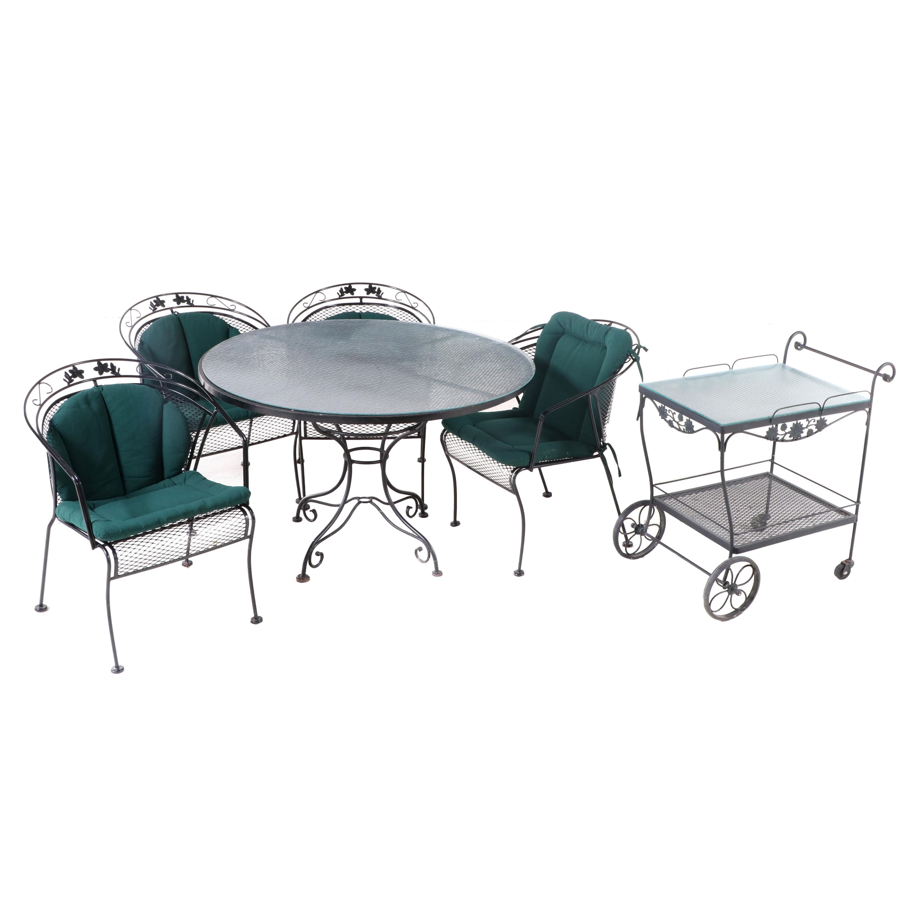 Scroll Base Iron Patio Dining Table with Four Metal Mesh Chairs and Bar Cart