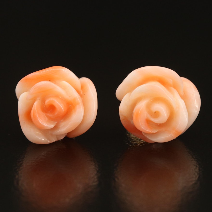 14K Carved Coral Flower Stud Earrings
