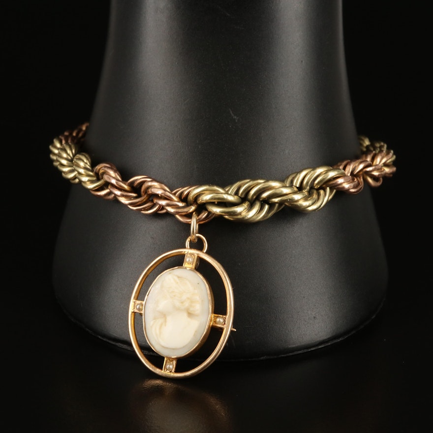 10K Shell Cameo Conveter Brooch on Gold Filled Braided Bracelet