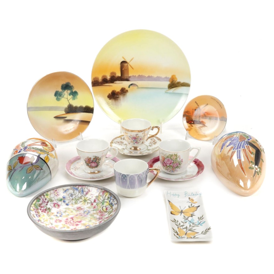 Japanese Hand Painted Wall Pockets and Other Porcelain and Lusterware