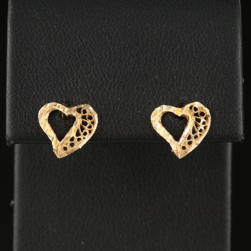 10K Heart Stud Earrings with Diamond Cut Accents