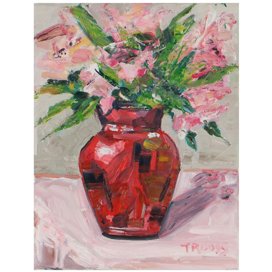 Patricia “Troods” Nolan-Brown Oil Painting "Pink Flowers Red Vase'