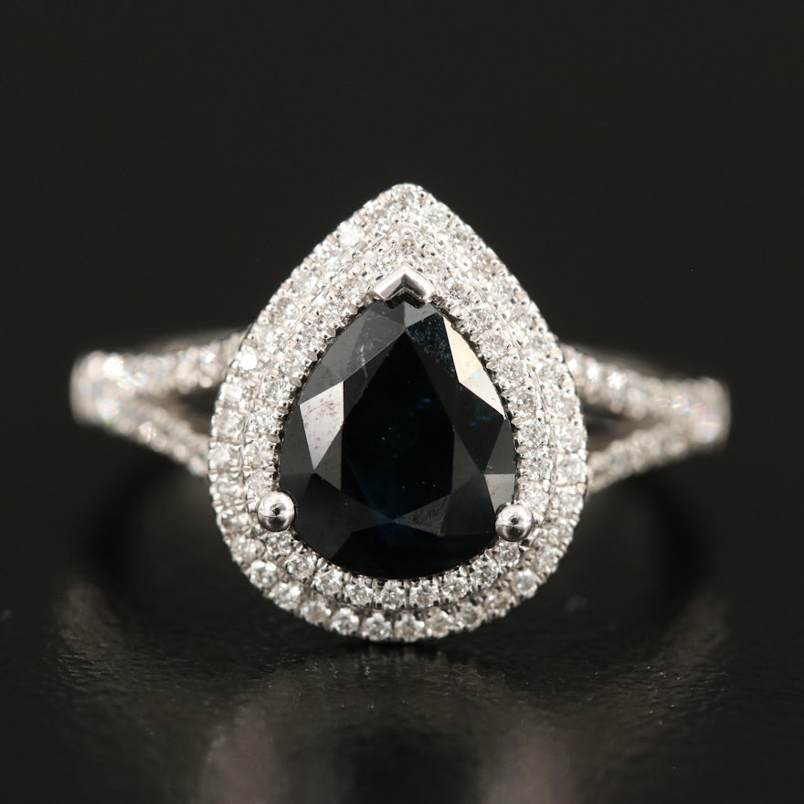 14K 2.20 CTW Sapphire Ring with Diamond Lined Shoulders and Halo