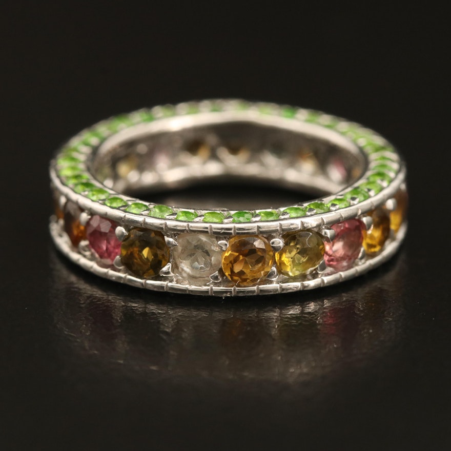 Sterling Tourmaline, Citrine and Diopside Eternity Band