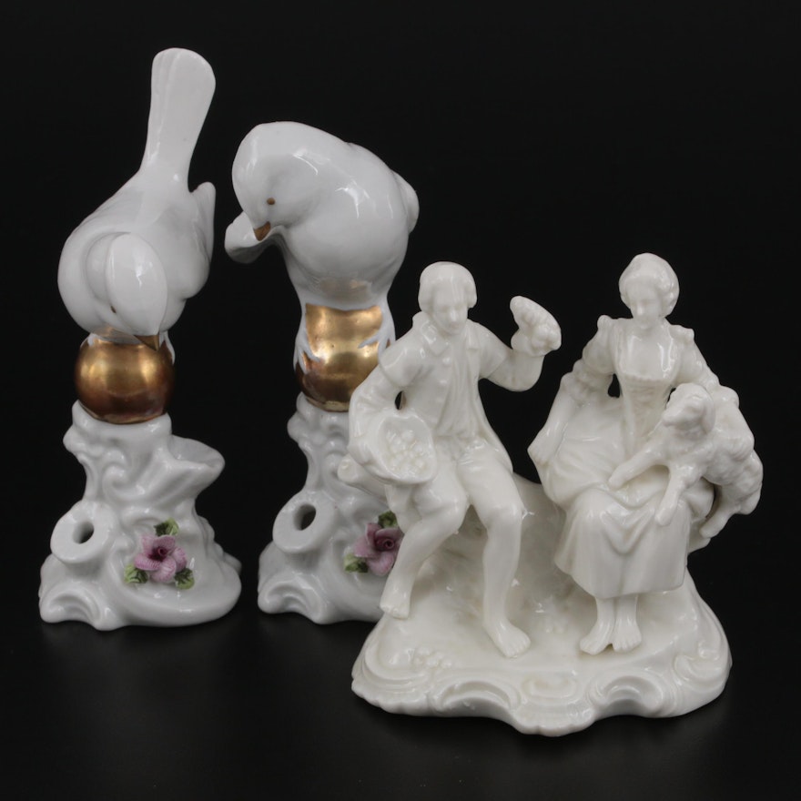 German Porcelain Bird Figurines and Figurine of a Couple, Early to Mid 20th C.