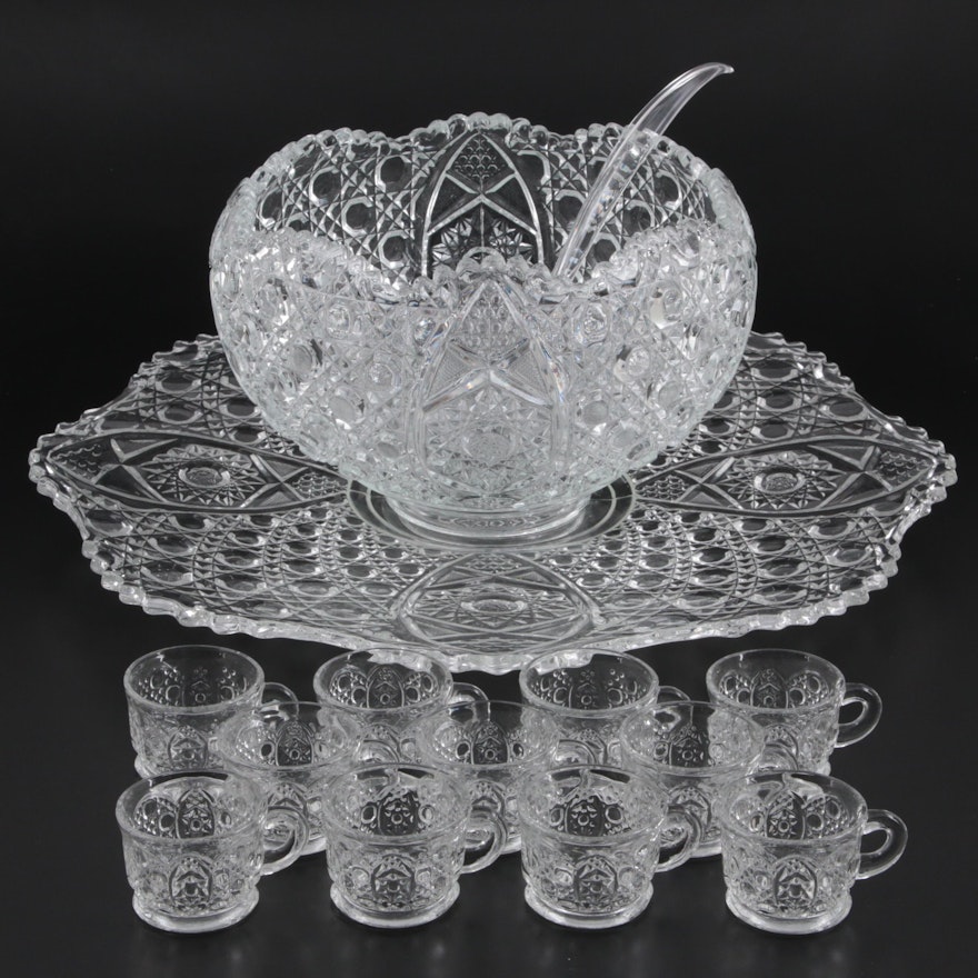 Smith Glass "Daisy and Button Clear" Pressed Glass Punch Bowl Set, 1970s