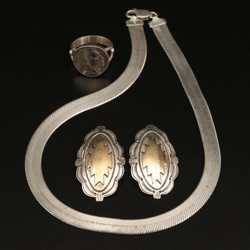 Sterling Herringbone Chain, Buffalo Nickel Ring, and Southwestern Earrings