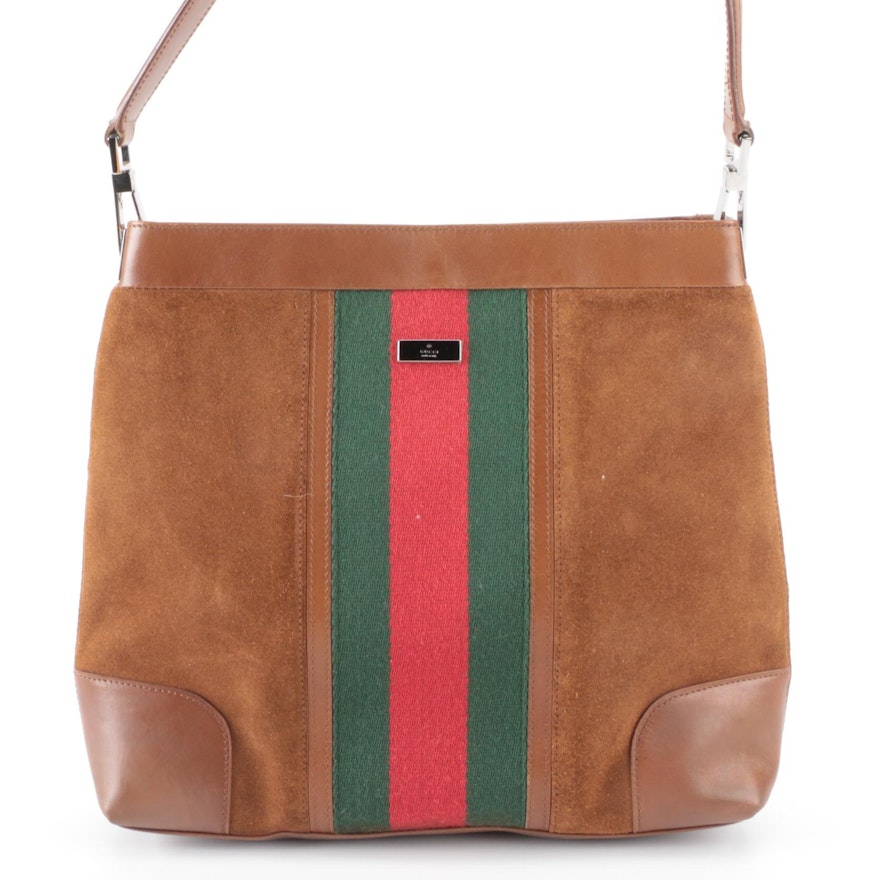 Gucci Small Shoulder Bag in Brown Suede and Leather with Web Stripe