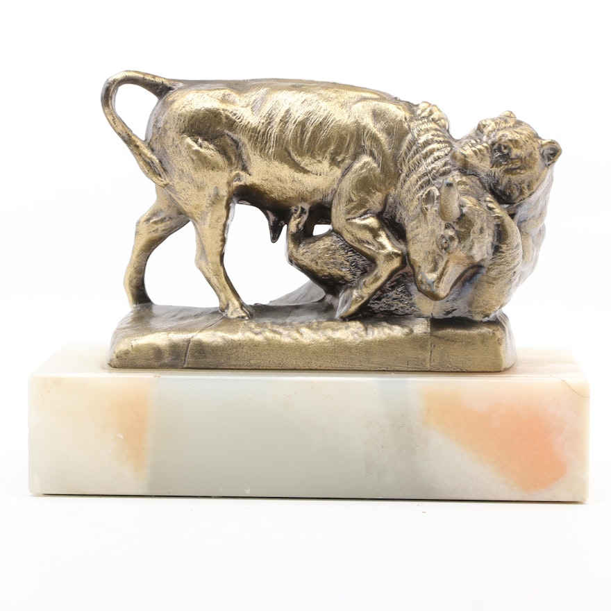 Bronze Sculpture on Stone Base After Isidore Jules Bonheur "The Bear & The Bull"